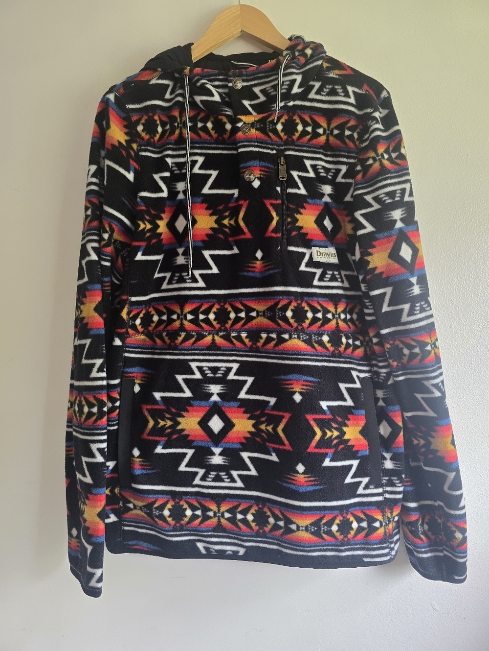 Dravus, Men's Black Aztec Fleece Pullover Hoodie, Size Large
